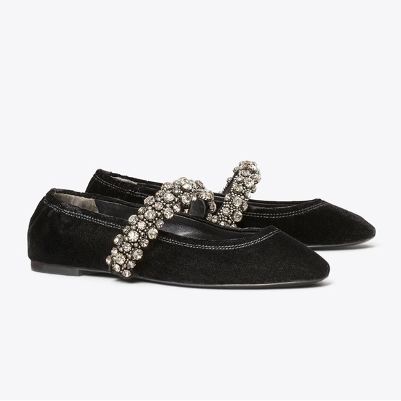 Tory Burch Shoes - Gently used  Tory Burch Crystal Strap Flats Size 9.5 - Perfect Black